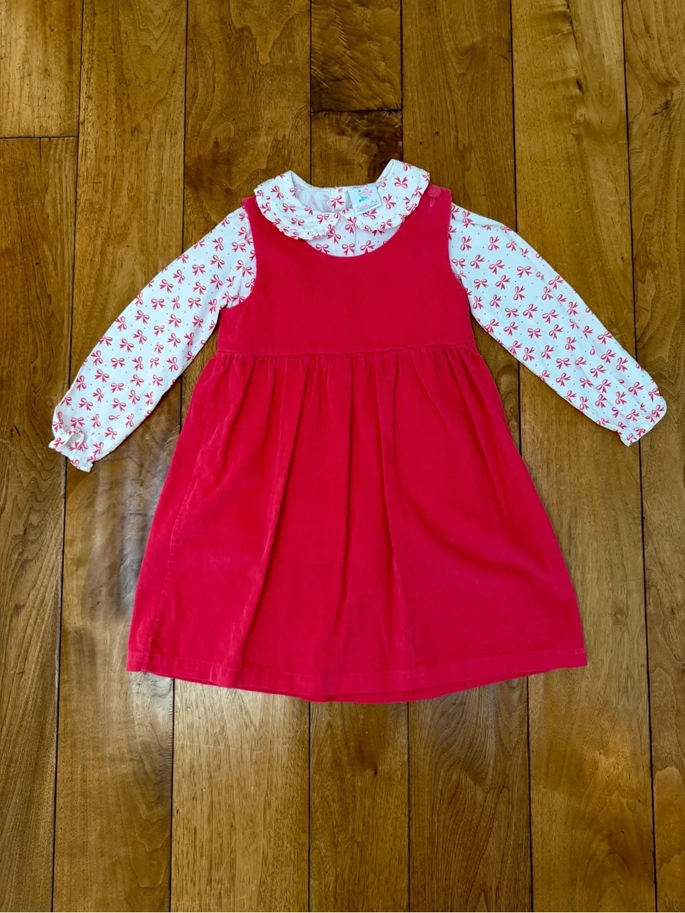 Stitchy Fish Girls 8 Coral Corduroy Jumper & Bow Blouse 2 Piece Set NWOT